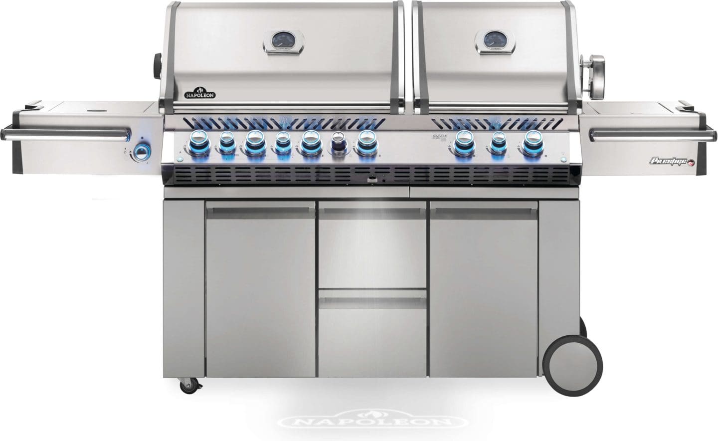 Stock Image - Napoleon - Prestige PRO™ 825 Propane Gas Grill with Power Side Burner and Infrared Rear & Bottom Burners, Stainless Steel Napoleon Grill Gas Cart & Infrared Freestanding Grill - Builders Materials