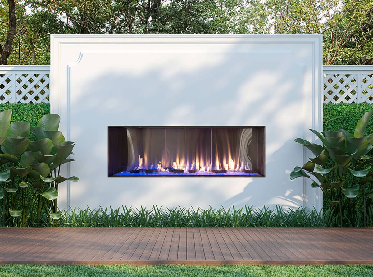 Stock Image - Flare - Outdoor Front Facing Flare Fireplaces Gas Linear Fireplace & Outdoor Fire - Builders Materials