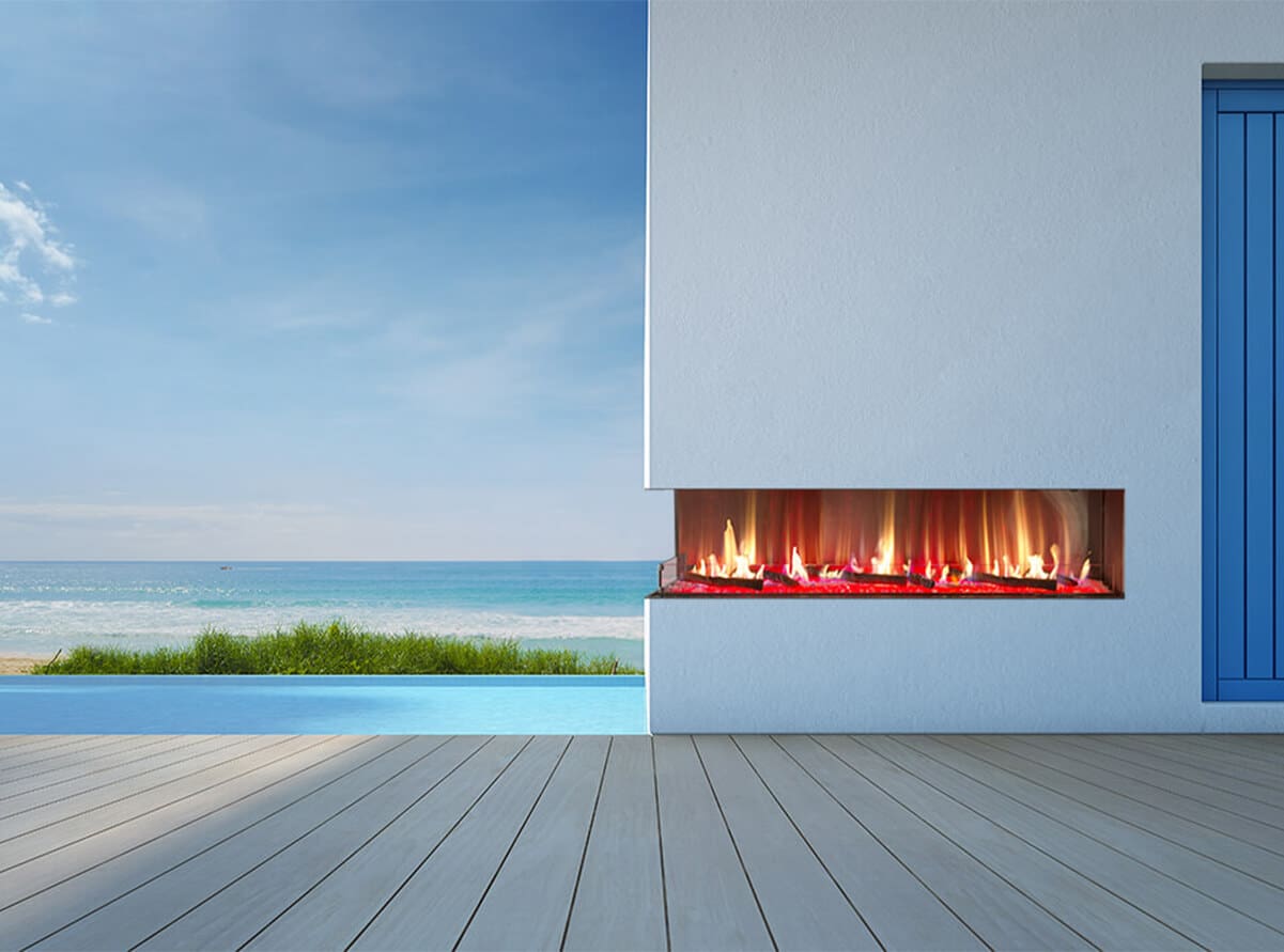 Stock Image - Flare - Outdoor Left Corner Flare Fireplaces Gas Corner Fireplace & Outdoor Fire - Builders Materials