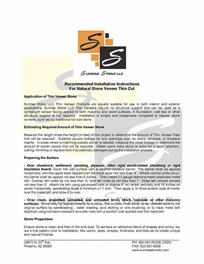 Sunrise Stone - Recommended Installation Instructions for Natural Stone Veneer Thin-Cut