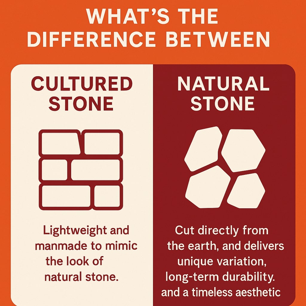 Original infographic compares cultured stone and natural stone using a split design with an orange and red color palette. The left half, labeled “CULTURED STONE” on a cream background, includes an icon of rectangular stacked blocks and text that reads “Lightweight and manmade to mimic the look of natural stone.” The right half, labeled “NATURAL STONE” on a dark red background, features irregular hexagonal shapes representing real stone and text that reads “Cut directly from the earth, and delivers unique variation, long-term durability, and a timeless aesthetic.” The title at the top, in bold white letters against an orange background, asks “WHAT’S THE DIFFERENCE BETWEEN.”