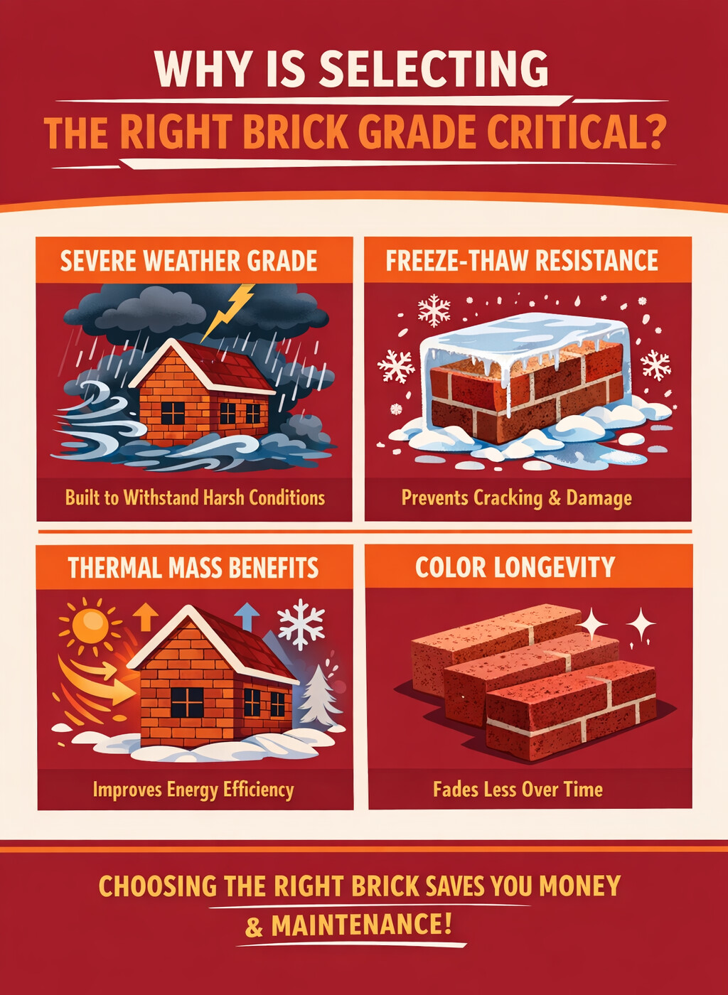 Infographic explaining why selecting the right brick grade is critical, highlighting four benefits: severe weather grade for harsh conditions, freeze-thaw resistance to prevent cracking, thermal mass benefits for improved energy efficiency, and color longevity so bricks fade less over time, using a red, orange, and white color scheme.<br />
